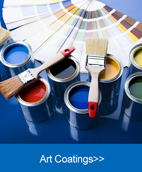 Art Coatings: Color cards, Brushes, Small Buckets of Blue/Red/Green/Black/Yellow Paint